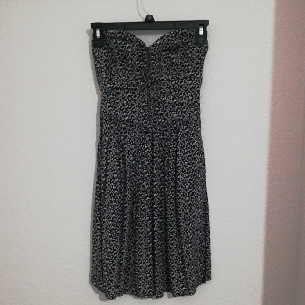 Navy and White Flower Print Strapless Dress